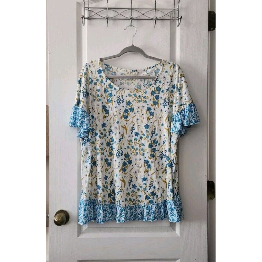 CATO Women's Floral Ruffle Blouse Short Sleeve Round Neck Cotton Blue White XL